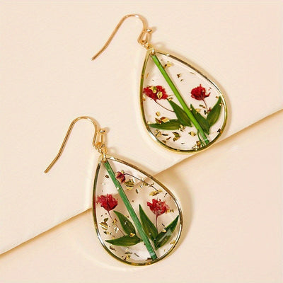 Japanese And Korean Fresh Sweet Epoxy Leaves Preserved Fresh Flower Earrings Elegant Exquisite Drop-Shaped Red Dried Flower High-Grade Earrings
