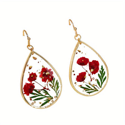 Japanese And Korean Fresh Sweet Epoxy Leaves Preserved Fresh Flower Earrings Elegant Exquisite Drop-Shaped Red Dried Flower High-Grade Earrings