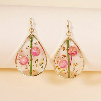 Japanese And Korean Fresh Sweet Epoxy Leaves Preserved Fresh Flower Earrings Elegant Exquisite Drop-Shaped Red Dried Flower High-Grade Earrings