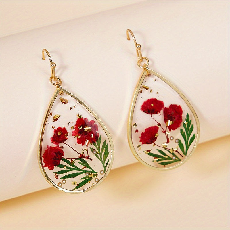Japanese And Korean Fresh Sweet Epoxy Leaves Preserved Fresh Flower Earrings Elegant Exquisite Drop-Shaped Red Dried Flower High-Grade Earrings