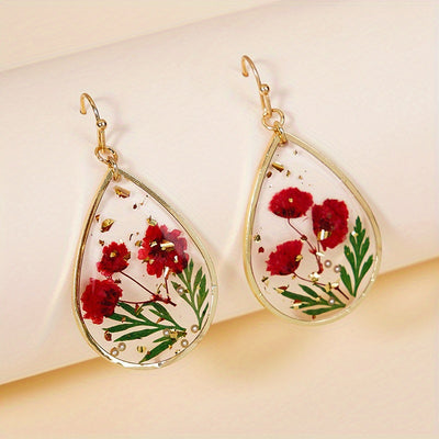 Japanese And Korean Fresh Sweet Epoxy Leaves Preserved Fresh Flower Earrings Elegant Exquisite Drop-Shaped Red Dried Flower High-Grade Earrings