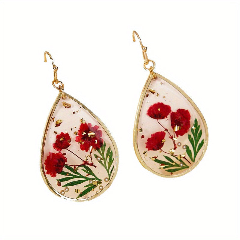Japanese And Korean Fresh Sweet Epoxy Leaves Preserved Fresh Flower Earrings Elegant Exquisite Drop-Shaped Red Dried Flower High-Grade Earrings