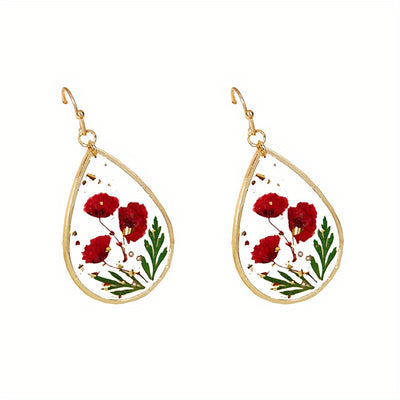 Japanese And Korean Fresh Sweet Epoxy Leaves Preserved Fresh Flower Earrings Elegant Exquisite Drop-Shaped Red Dried Flower High-Grade Earrings