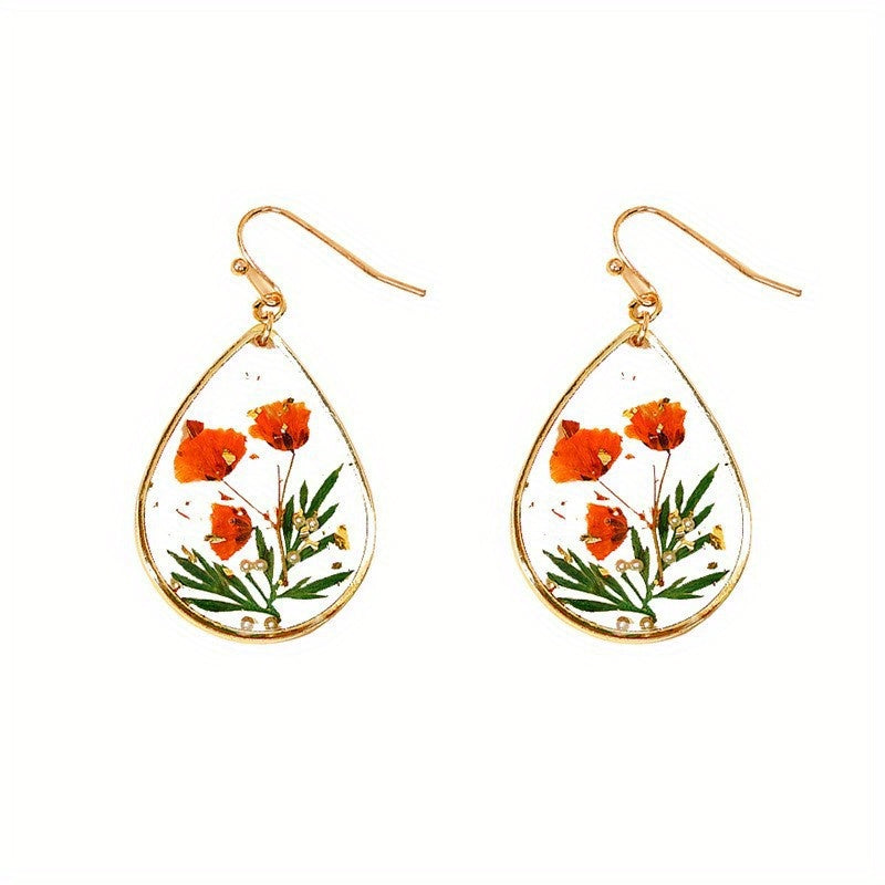 Japanese And Korean Fresh Sweet Epoxy Leaves Preserved Fresh Flower Earrings Elegant Exquisite Drop-Shaped Red Dried Flower High-Grade Earrings