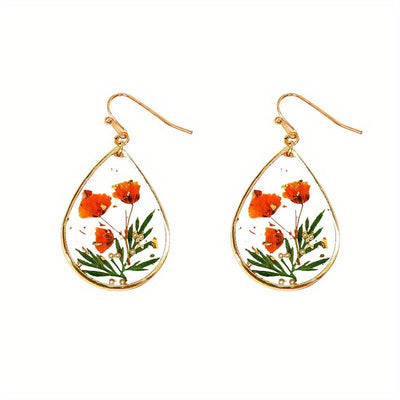 Japanese And Korean Fresh Sweet Epoxy Leaves Preserved Fresh Flower Earrings Elegant Exquisite Drop-Shaped Red Dried Flower High-Grade Earrings