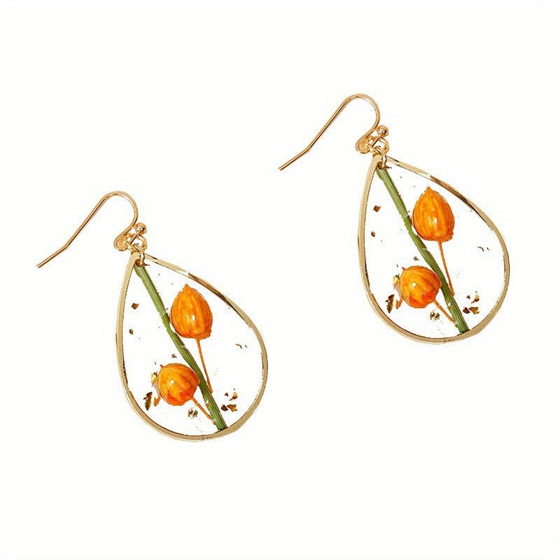 Japanese And Korean Fresh Sweet Epoxy Leaves Preserved Fresh Flower Earrings Elegant Exquisite Drop-Shaped Red Dried Flower High-Grade Earrings