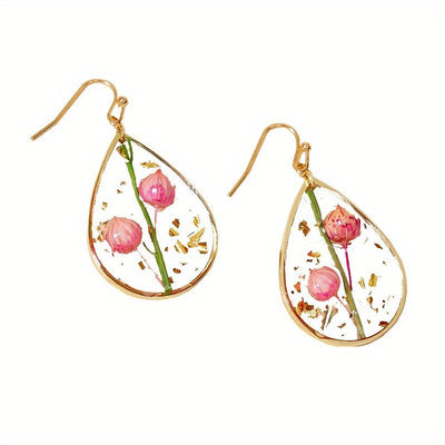 Japanese And Korean Fresh Sweet Epoxy Leaves Preserved Fresh Flower Earrings Elegant Exquisite Drop-Shaped Red Dried Flower High-Grade Earrings