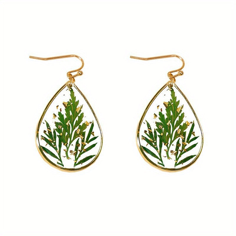 Japanese And Korean Fresh Sweet Epoxy Leaves Preserved Fresh Flower Earrings Elegant Exquisite Drop-Shaped Red Dried Flower High-Grade Earrings