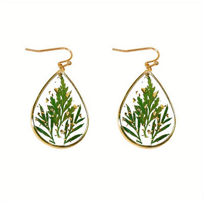 Japanese And Korean Fresh Sweet Epoxy Leaves Preserved Fresh Flower Earrings Elegant Exquisite Drop-Shaped Red Dried Flower High-Grade Earrings