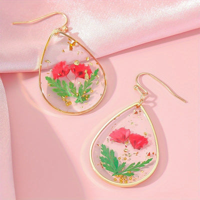 Japanese And Korean Fresh Sweet Epoxy Leaves Preserved Fresh Flower Earrings Elegant Exquisite Drop-Shaped Red Dried Flower High-Grade Earrings