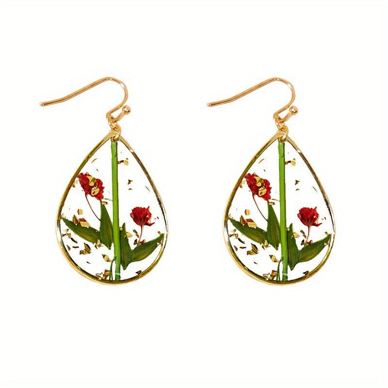 Japanese And Korean Fresh Sweet Epoxy Leaves Preserved Fresh Flower Earrings Elegant Exquisite Drop-Shaped Red Dried Flower High-Grade Earrings