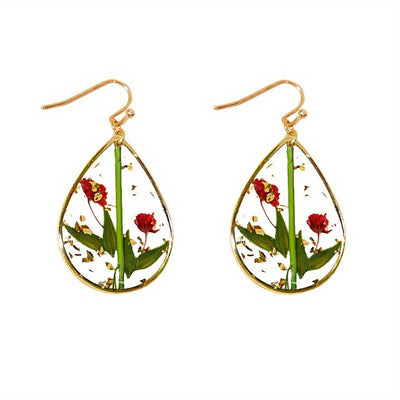Japanese And Korean Fresh Sweet Epoxy Leaves Preserved Fresh Flower Earrings Elegant Exquisite Drop-Shaped Red Dried Flower High-Grade Earrings