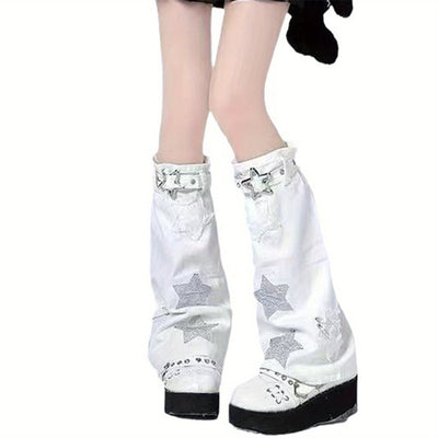 Women'S Y2K Leg Warmers Socks Knitted Star Pattern Punk Japanese Kawaii Wide Leg Set Cute Crochet Out Baggy Flared Leg 80s Arm Warmers Ankle Aesthetic Socks Accessories Streetwear Leg Cover for Fairy Knee High Leg Socks Cutec
