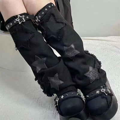 Women'S Y2K Leg Warmers Socks Knitted Star Pattern Punk Japanese Kawaii Wide Leg Set Cute Crochet Out Baggy Flared Leg 80s Arm Warmers Ankle Aesthetic Socks Accessories Streetwear Leg Cover for Fairy Knee High Leg Socks Cutec