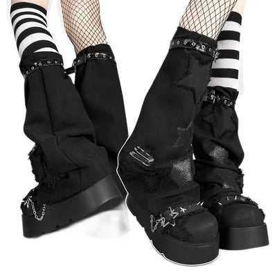 Women'S Y2K Leg Warmers Socks Knitted Star Pattern Punk Japanese Kawaii Wide Leg Set Cute Crochet Out Baggy Flared Leg 80s Arm Warmers Ankle Aesthetic Socks Accessories Streetwear Leg Cover for Fairy Knee High Leg Socks Cutec