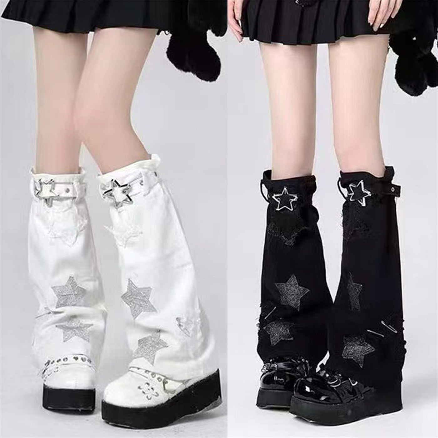 Women'S Y2K Leg Warmers Socks Knitted Star Pattern Punk Japanese Kawaii Wide Leg Set Cute Crochet Out Baggy Flared Leg 80s Arm Warmers Ankle Aesthetic Socks Accessories Streetwear Leg Cover for Fairy Knee High Leg Socks Cutec