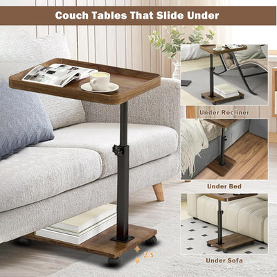 Wooden C-Shape Lifting Side Table Movable Small Table Sofa Corner Table for Sofa Living Room Bedroom Bedside Laptop Desk