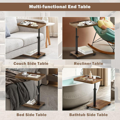 Wooden C-Shape Lifting Side Table Movable Small Table Sofa Corner Table for Sofa Living Room Bedroom Bedside Laptop Desk