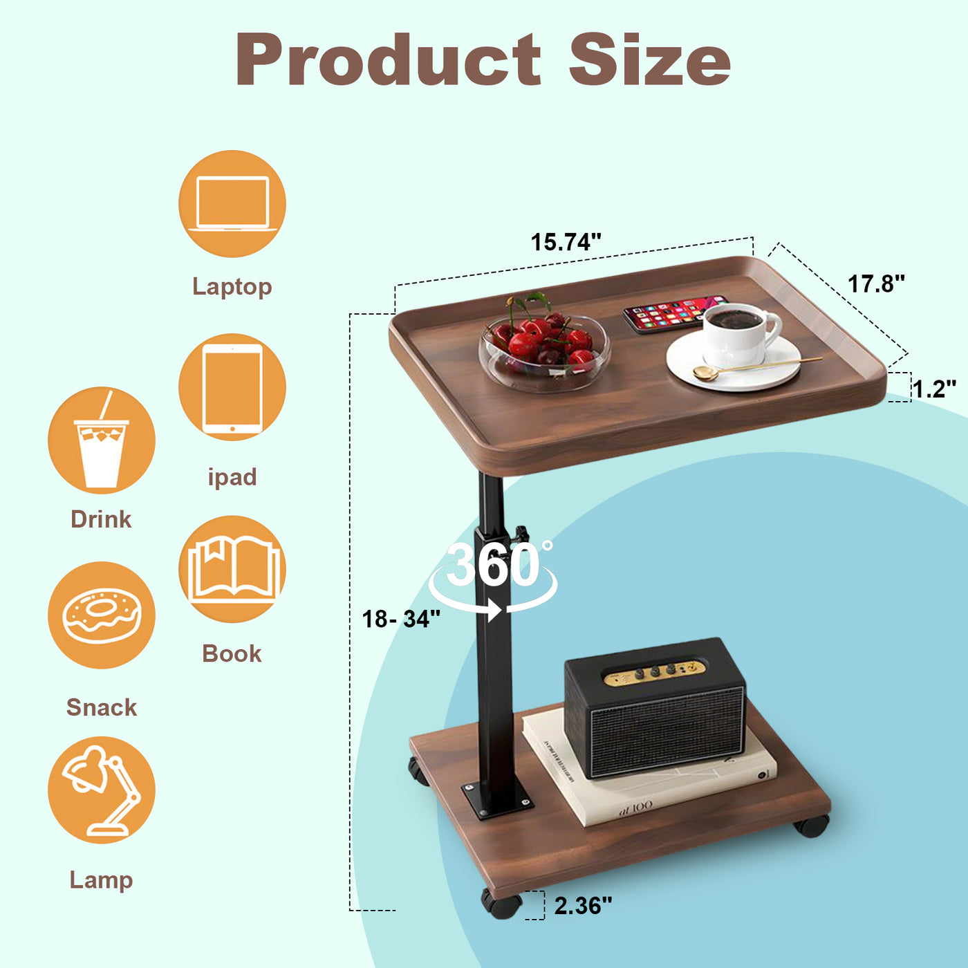 Wooden C-Shape Lifting Side Table Movable Small Table Sofa Corner Table for Sofa Living Room Bedroom Bedside Laptop Desk