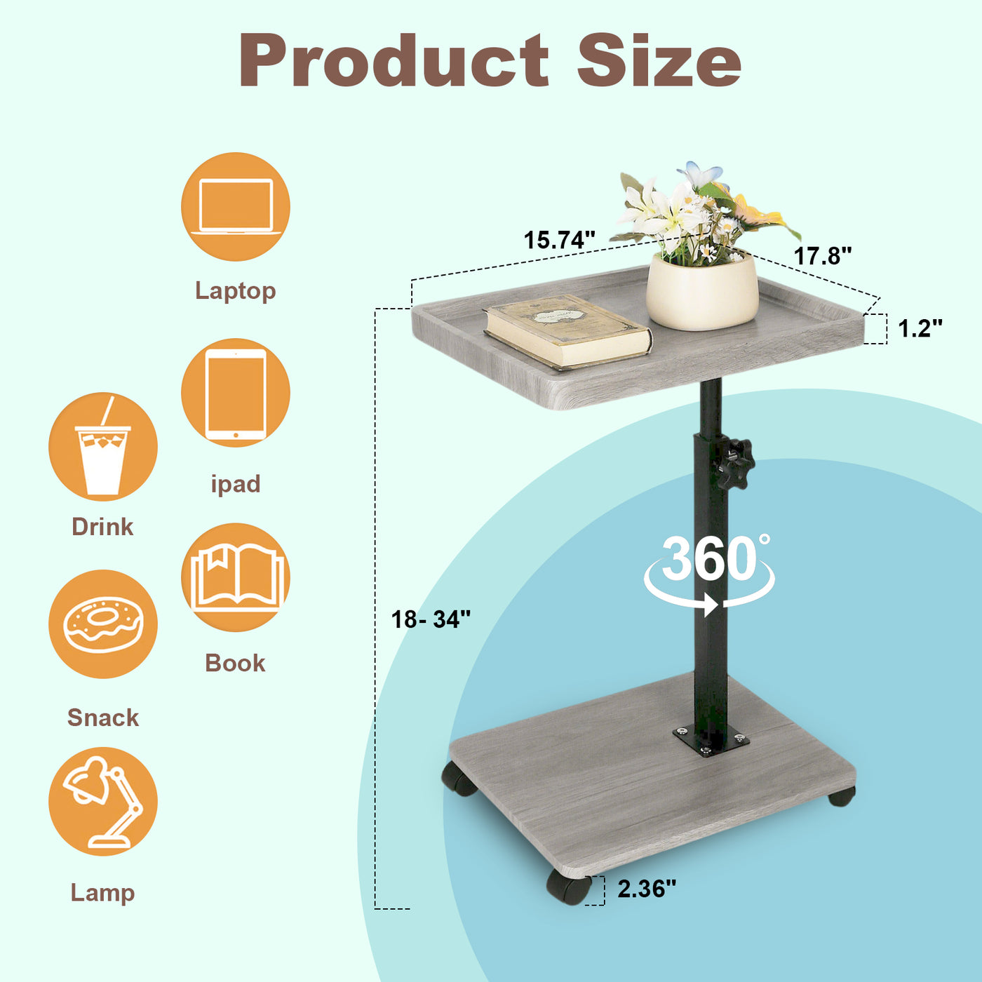 Wooden C-Shape Lifting Side Table Movable Small Table Sofa Corner Table for Sofa Living Room Bedroom Bedside Laptop Desk