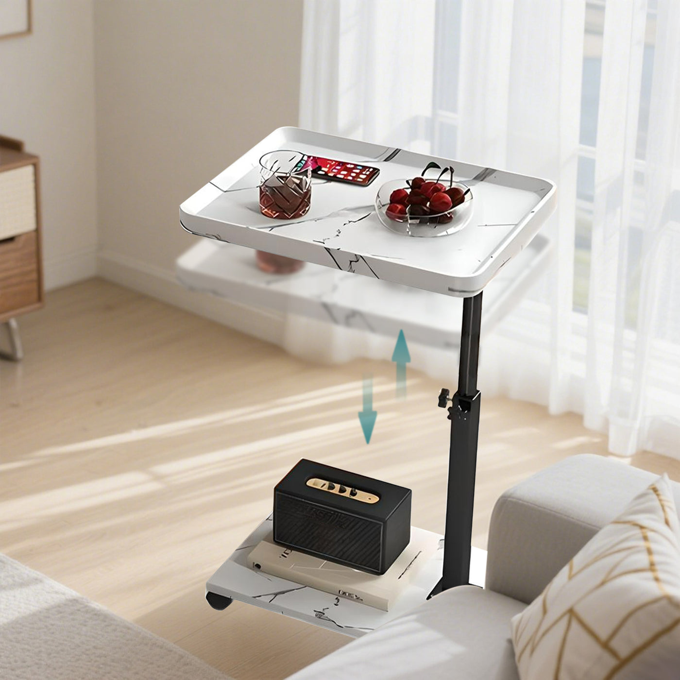 Wooden C-Shape Lifting Side Table Movable Small Table Sofa Corner Table for Sofa Living Room Bedroom Bedside Laptop Desk