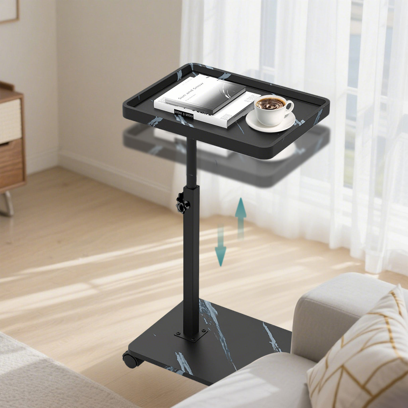 Wooden C-Shape Lifting Side Table Movable Small Table Sofa Corner Table for Sofa Living Room Bedroom Bedside Laptop Desk