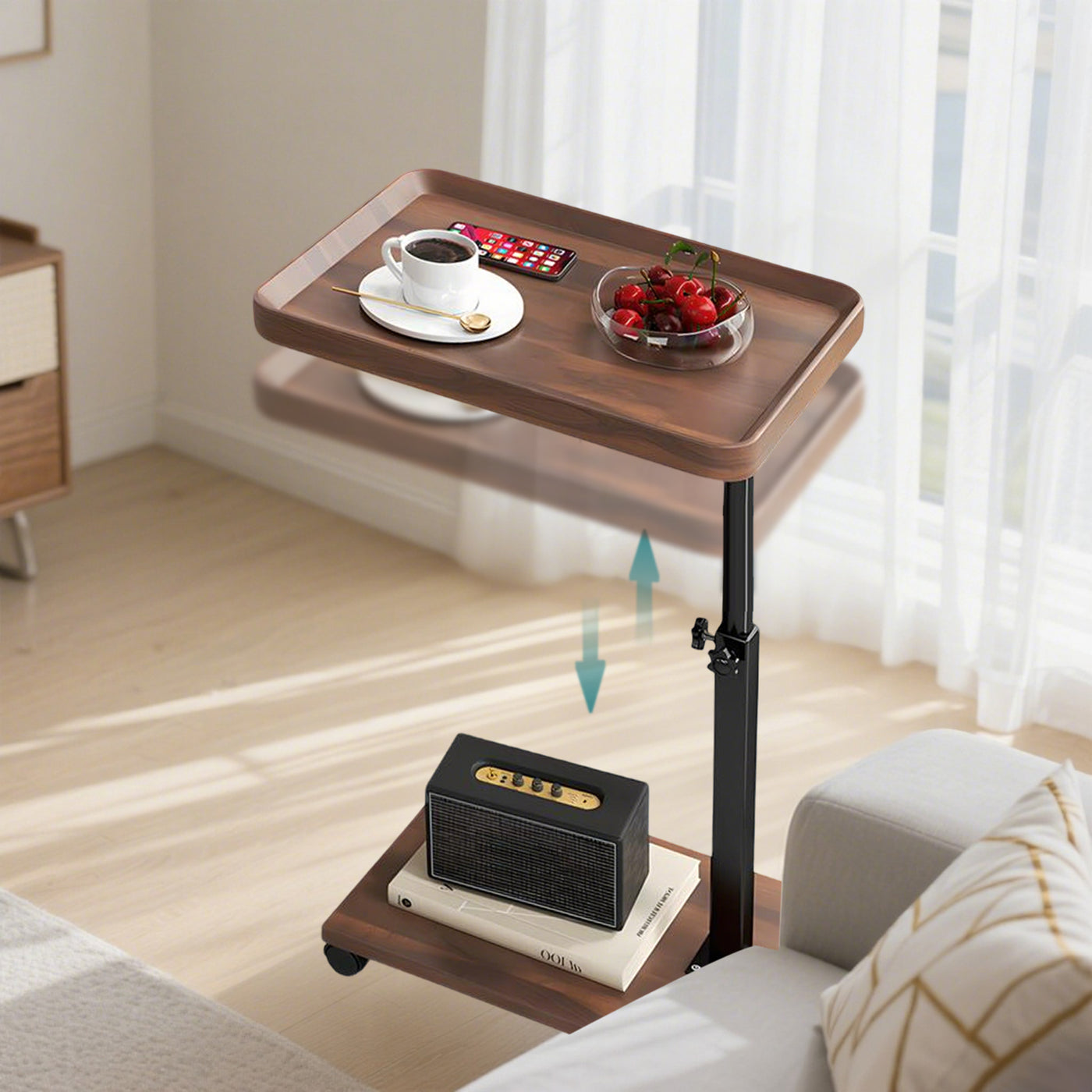 Wooden C-Shape Lifting Side Table Movable Small Table Sofa Corner Table for Sofa Living Room Bedroom Bedside Laptop Desk