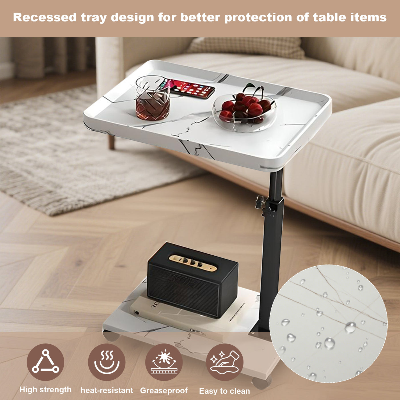 Wooden C-Shape Lifting Side Table Movable Small Table Sofa Corner Table for Sofa Living Room Bedroom Bedside Laptop Desk