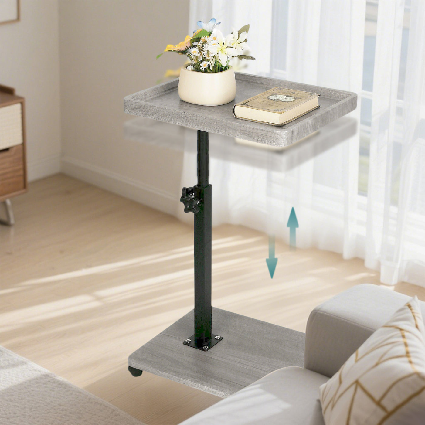 Wooden C-Shape Lifting Side Table Movable Small Table Sofa Corner Table for Sofa Living Room Bedroom Bedside Laptop Desk