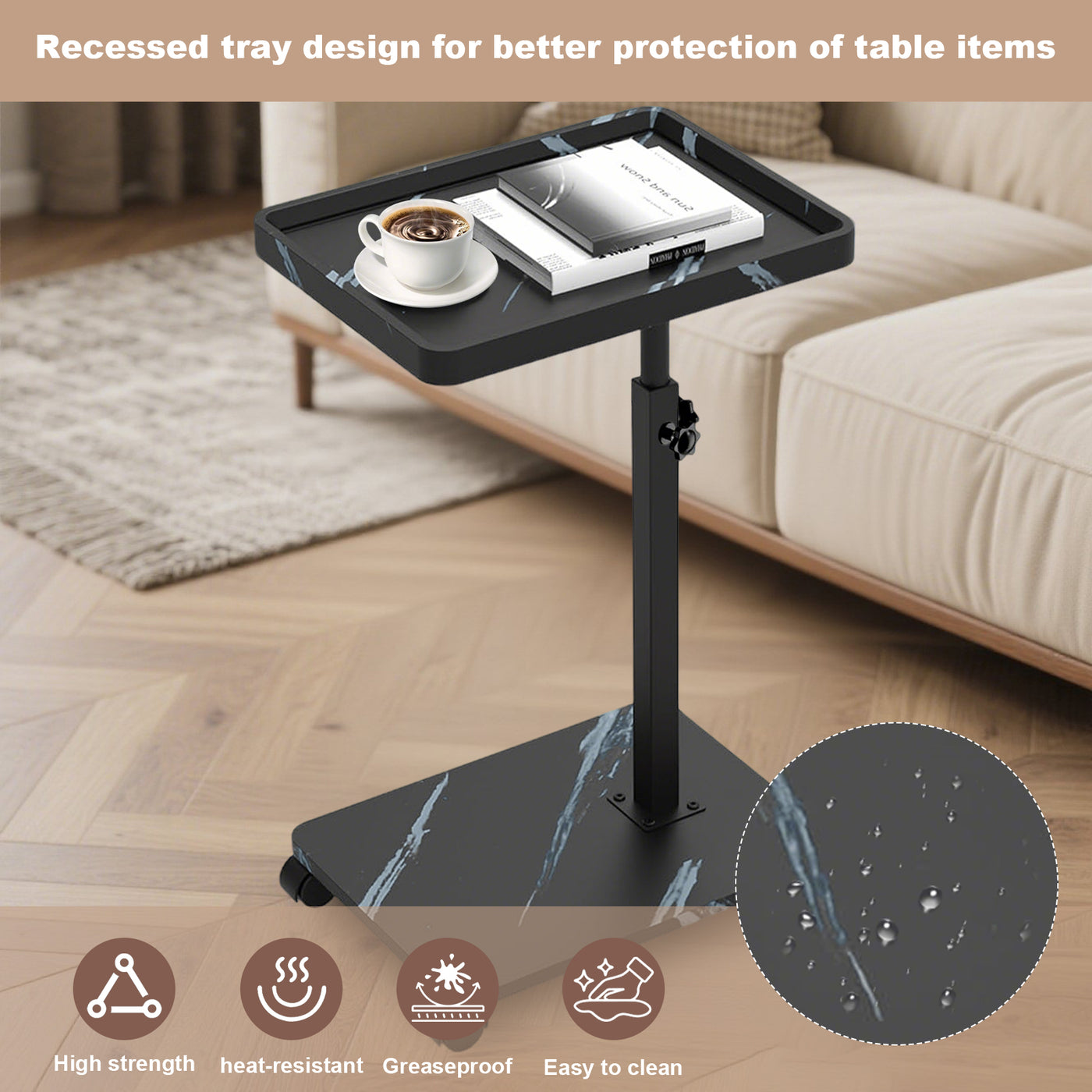 Wooden C-Shape Lifting Side Table Movable Small Table Sofa Corner Table for Sofa Living Room Bedroom Bedside Laptop Desk