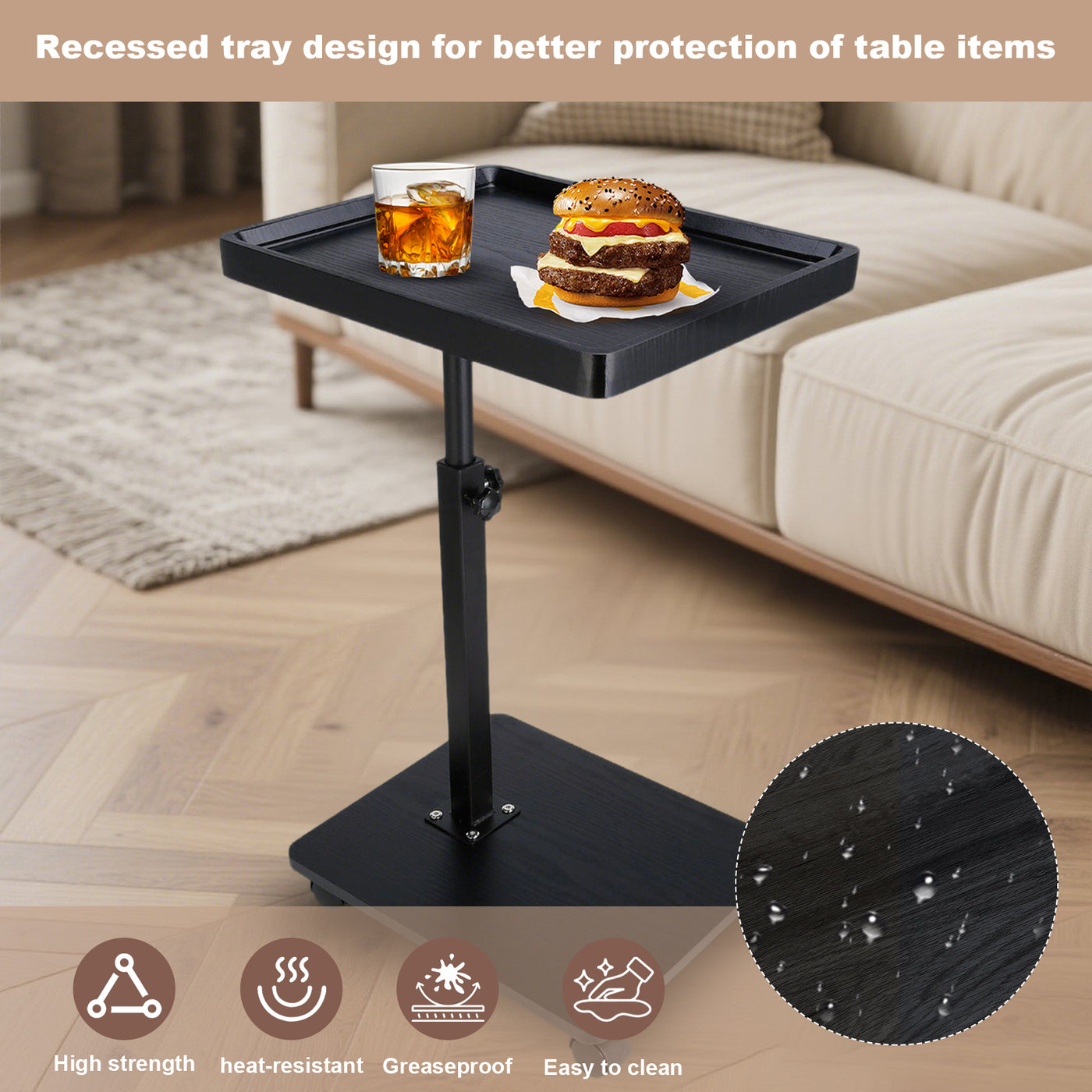 Wooden C-Shape Lifting Side Table Movable Small Table Sofa Corner Table for Sofa Living Room Bedroom Bedside Laptop Desk