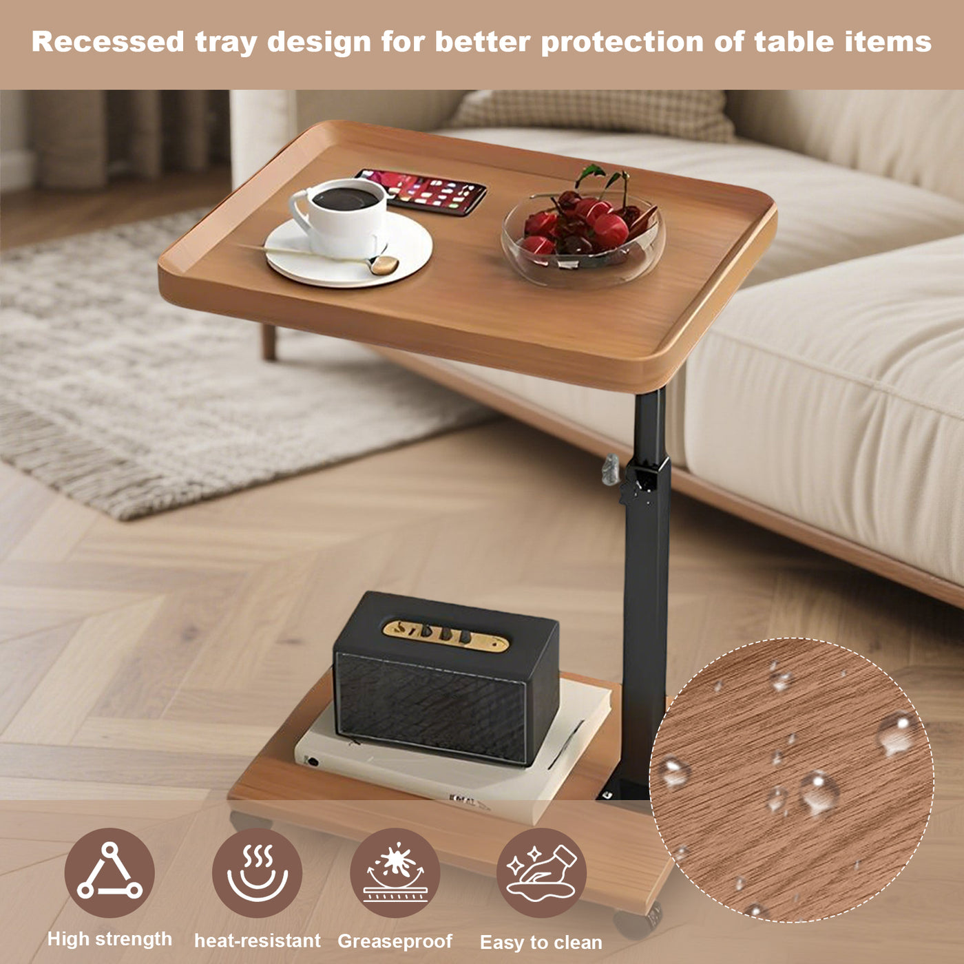 Wooden C-Shape Lifting Side Table Movable Small Table Sofa Corner Table for Sofa Living Room Bedroom Bedside Laptop Desk