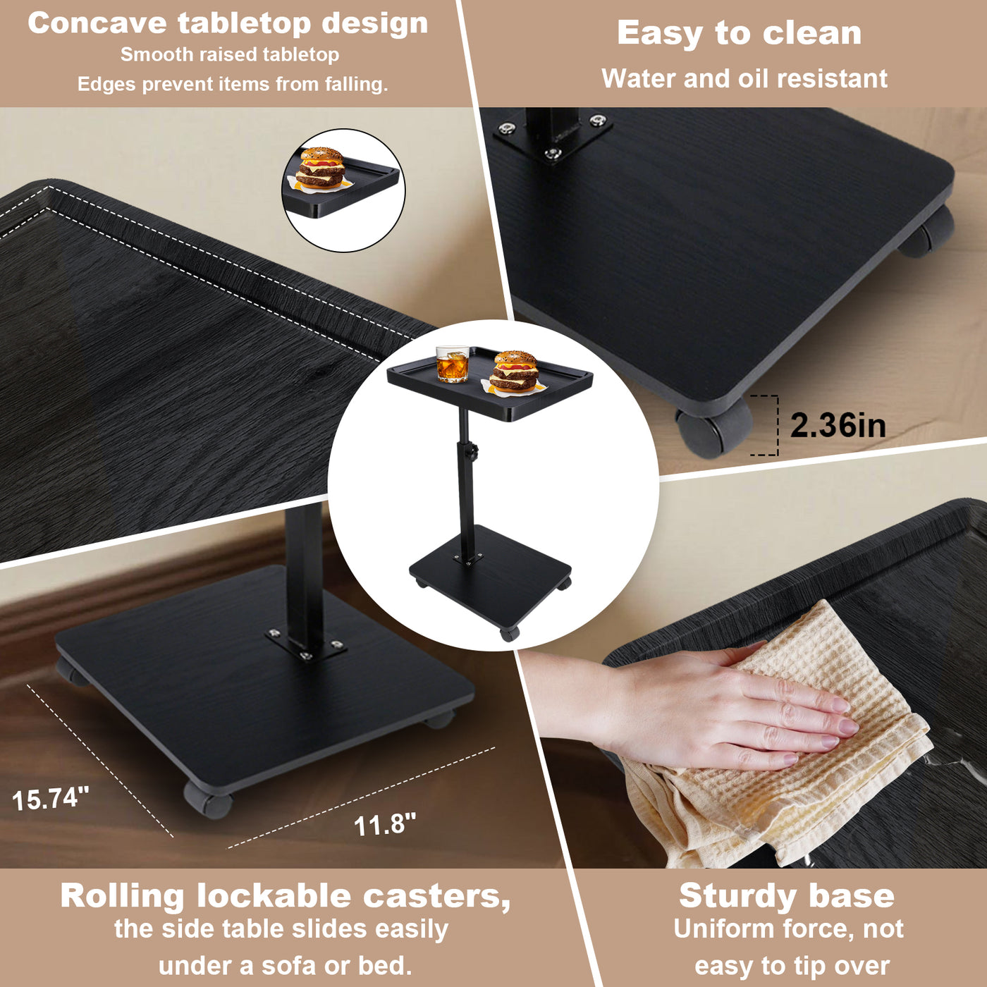 Wooden C-Shape Lifting Side Table Movable Small Table Sofa Corner Table for Sofa Living Room Bedroom Bedside Laptop Desk