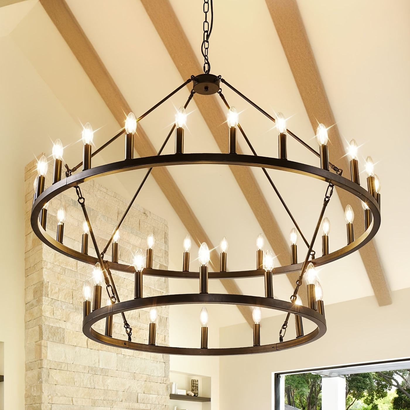 Modern Farmhouse Chandelier 2 Tier Round Wheel Chandelier Large High Ceiling Light.