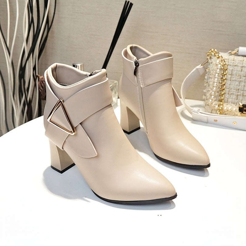 1pr Korean Style Women'S Chelsea Ankle Boots - Solid Color Pointed Toe Block Heel Booties with Zipper Closure, Polyurethane Upper, Superfine Fiber Lining, and Plastic Sole