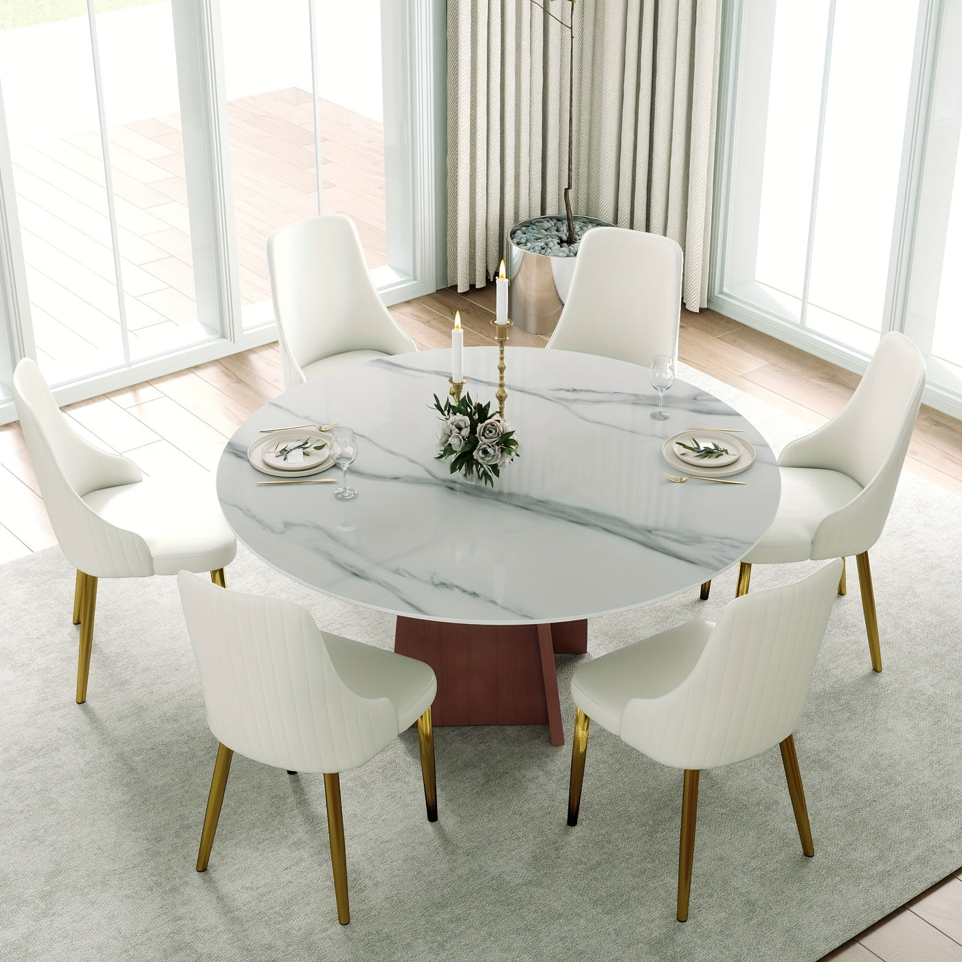 Dining Table for 6 - Sintered Stone Round Dining Table(Chairs Not Included), Modern Marble Dining Table, Glossy White Stone Tabletop, Circle Dining Table for Dining Room, Table Only