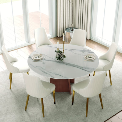 Dining Table for 6 - Sintered Stone Round Dining Table(Chairs Not Included), Modern Marble Dining Table, Glossy White Stone Tabletop, Circle Dining Table for Dining Room, Table Only