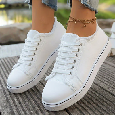 Women's Canvas Sneakers 2024, Korean Style, Casual Flat Lace-Up, Solid Color, All-Season, Round Toe, EVA Sole, Fabric Lining, Hand Wash Only, No Print, Versatile Footwear