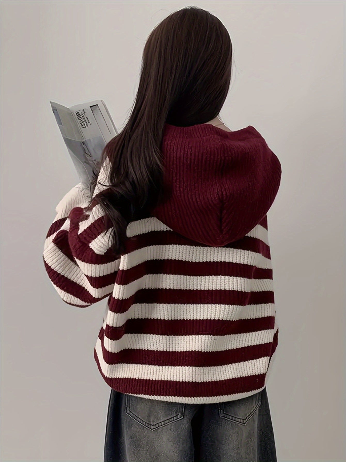 Women'S Oversized Striped Hooded Sweater - Cozy Long Sleeve Pullover with Burgundy & White Horizontal Stripes, Soft Fabric for Fall Winter Casual Chic Outfits, Sweater Hoodie, Autumn Wardrobe Essential, Comfortable Clothing,