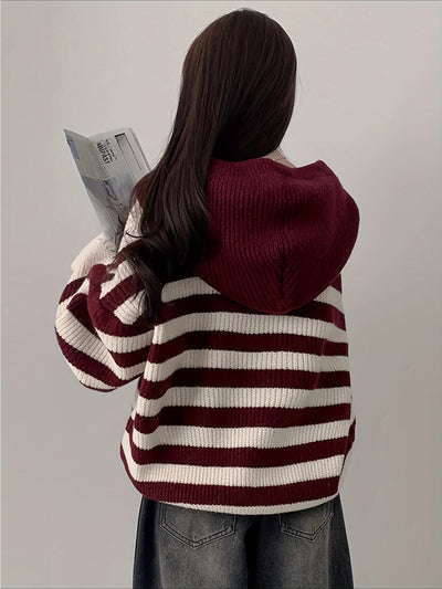 Women'S Oversized Striped Hooded Sweater - Cozy Long Sleeve Pullover with Burgundy & White Horizontal Stripes, Soft Fabric for Fall Winter Casual Chic Outfits, Sweater Hoodie, Autumn Wardrobe Essential, Comfortable Clothing,