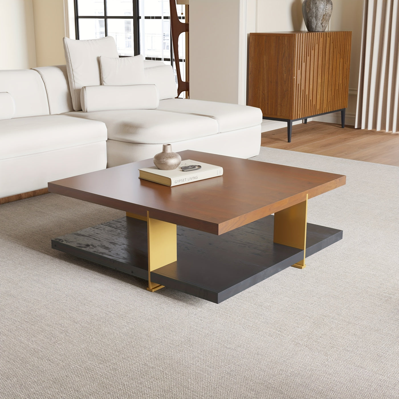 Wood Coffee Table - Mid Century Modern Square Coffee Table With Storage Shelf, 2-Tier Coffee Table Center Table For Living Room Office Apartment, 35.43"