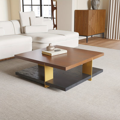 Wood Coffee Table - Mid Century Modern Square Coffee Table With Storage Shelf, 2-Tier Coffee Table Center Table For Living Room Office Apartment, 35.43"