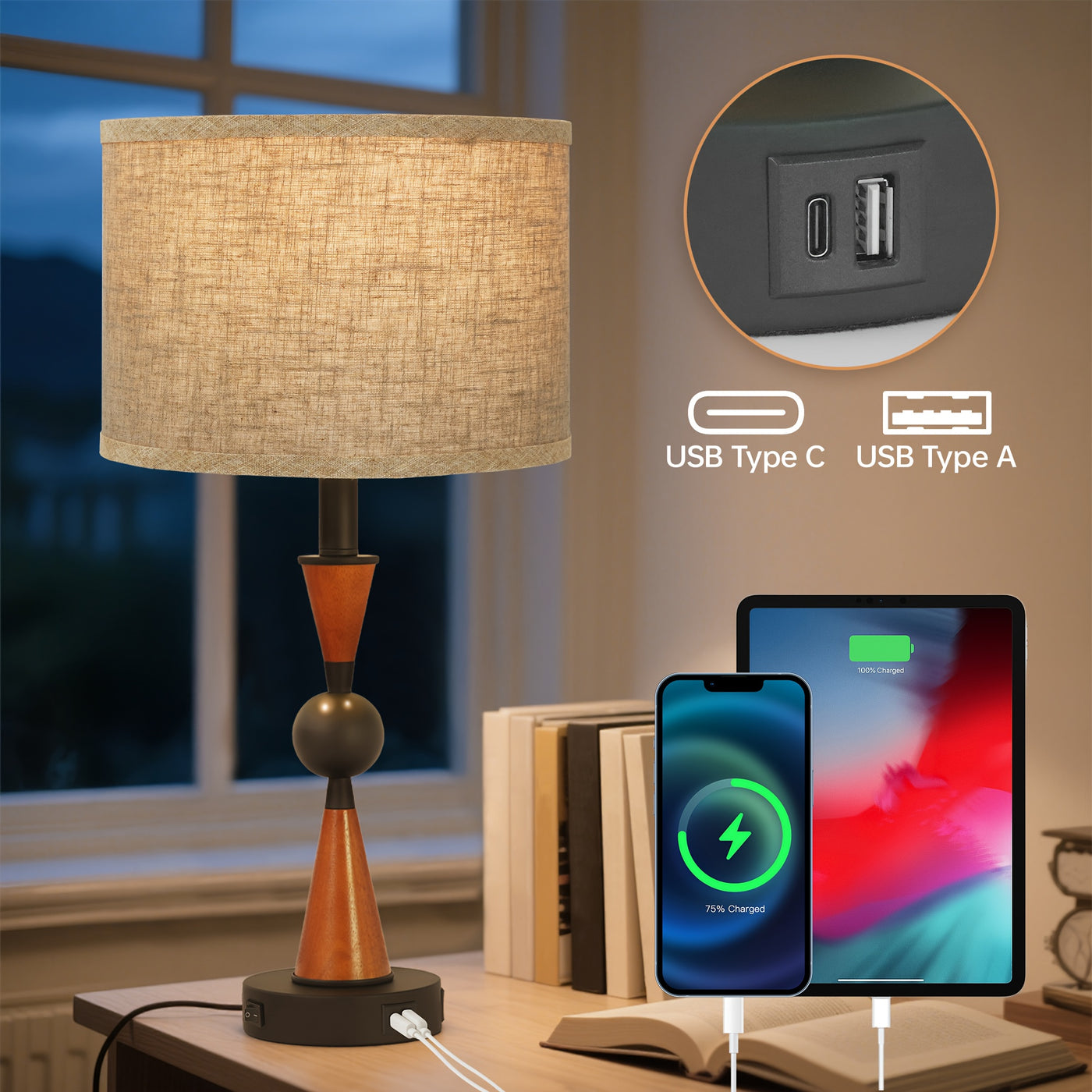 2 Sets USB-C & USB-A Dual Port Table Lamp with Linen Shade - Farmhouse & Industrial Bedside, Cordless-like, Switch-Controlled (No) - Easy Assembly Desk Lamp for Bedroom, Living Room, Nightstand (Compatible with, Lamps, Bedsid