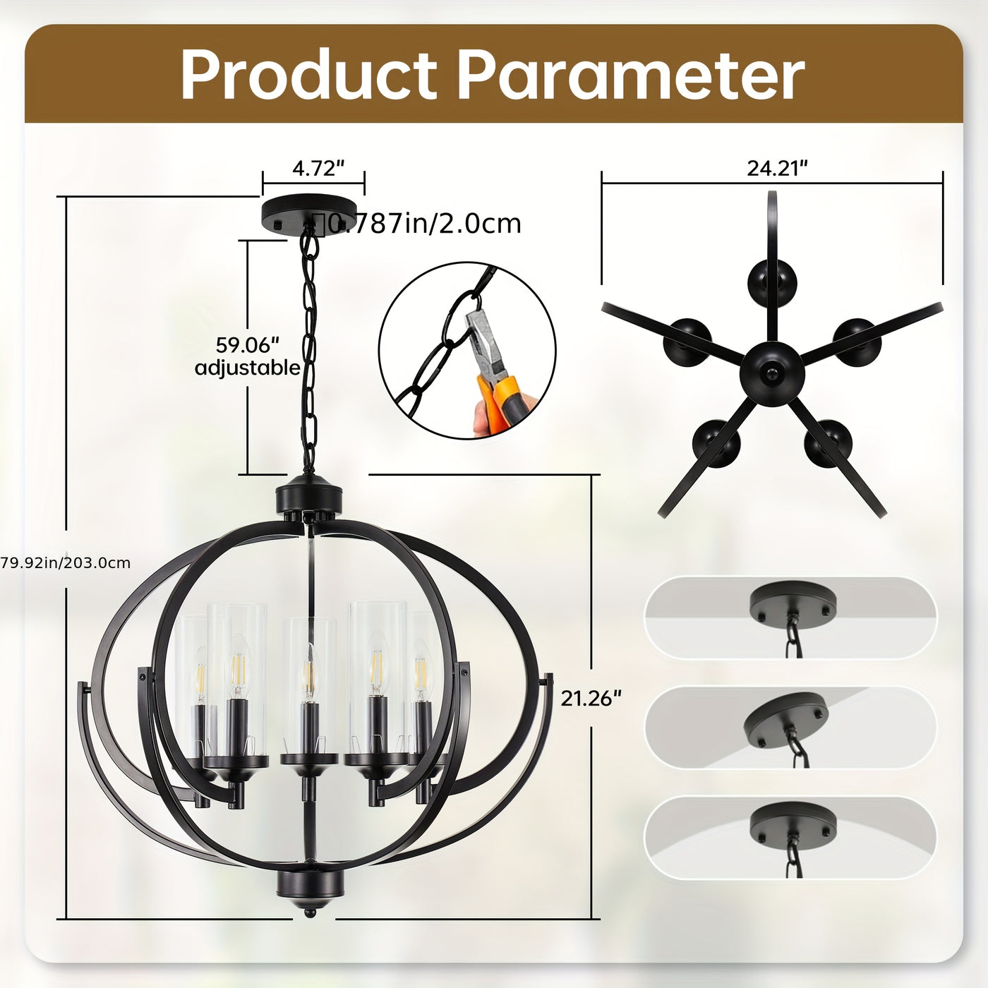 5-Light Black And Golden Chandelier, 24" Farmhouse Dining Room Light Fixture, Adjustable Hanging Ceiling Lantern Pendant Light, with Glass Shade Globe Chandeliers, for Kitchen, Bedroom, Foyer, Chandelier For Dining Room, Chan
