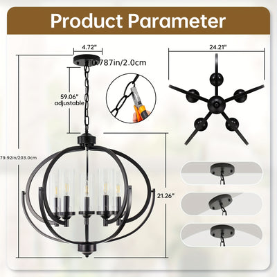 5-Light Black And Golden Chandelier, 24" Farmhouse Dining Room Light Fixture, Adjustable Hanging Ceiling Lantern Pendant Light, with Glass Shade Globe Chandeliers, for Kitchen, Bedroom, Foyer, Chandelier For Dining Room, Chan