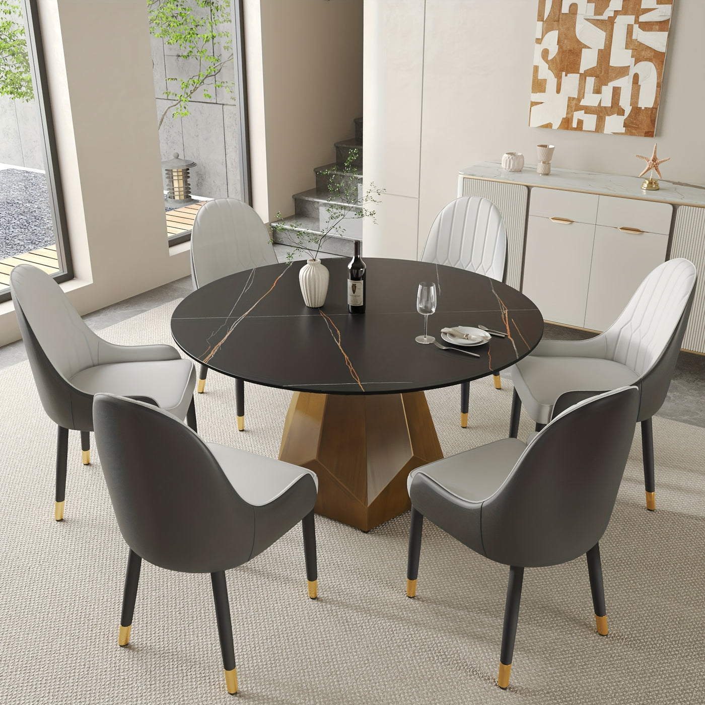 Round Dining Table(Chairs Not Included) - Marble Dining Room Table Round Kitchen Table For 6 To 8, Glossy Sintered Stone Tabletop With Solid Metal Diamond Shape Base, Circle Dining Table For Kitchen