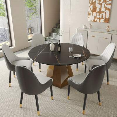 Round Dining Table(Chairs Not Included) - Marble Dining Room Table Round Kitchen Table For 6 To 8, Glossy Sintered Stone Tabletop With Solid Metal Diamond Shape Base, Circle Dining Table For Kitchen