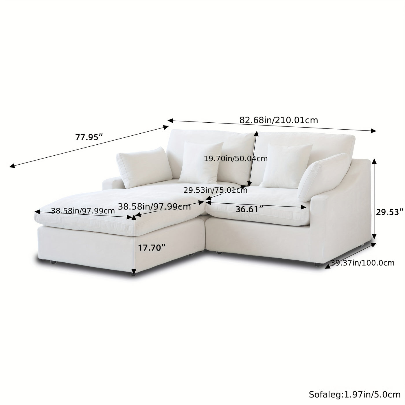 Sky Cloud Slope Sectional Sofa, Cozy Comfort 83-Inch Linen L-Shaped Sectional 2 Seater with Ottoman, Living Room Sofa, Sofa Sectional for Living Room, Couch for Bedroom, Foldable Sofa, Comfy Couch, Bedroom Seating, Lounge Fur