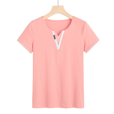 Early Spring And Summer Short-sleeved Undershirt V-neck Patchwork Fashion