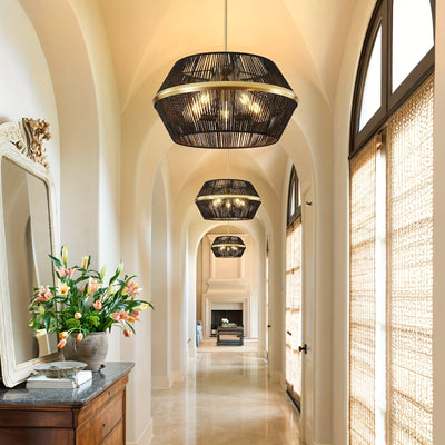 19" Adjustable Height 5-Light Black Rattan Farmhouse Chandelier - Hand-Woven Boho Pendant Light Fixture for High Ceilings, Rustic Dining Room & Kitchen, Easy Install with Hardware Included